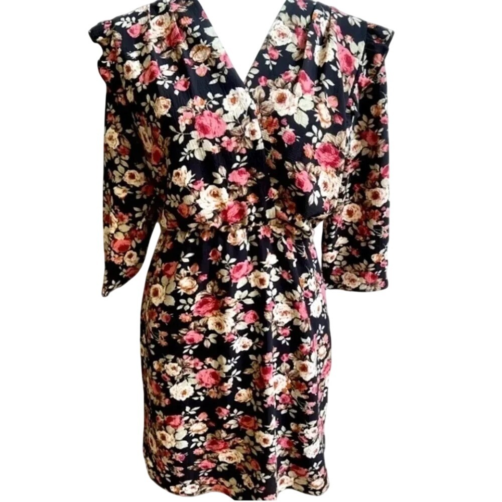 Fraiche By J Floral Ruffle Shoulder Faux Wrap Mini Dress Black Pink Medium